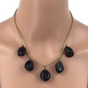 Natural Stone Fringe Necklace Gold Tone Chain 17 Inch Length